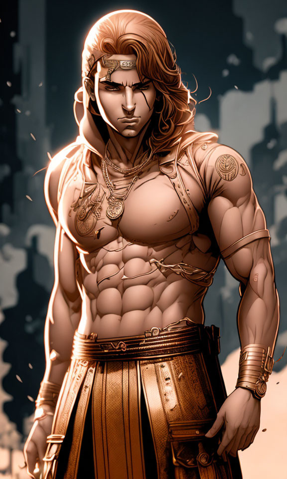 Bronze-toned muscular man in heroic pose with long hair and headband