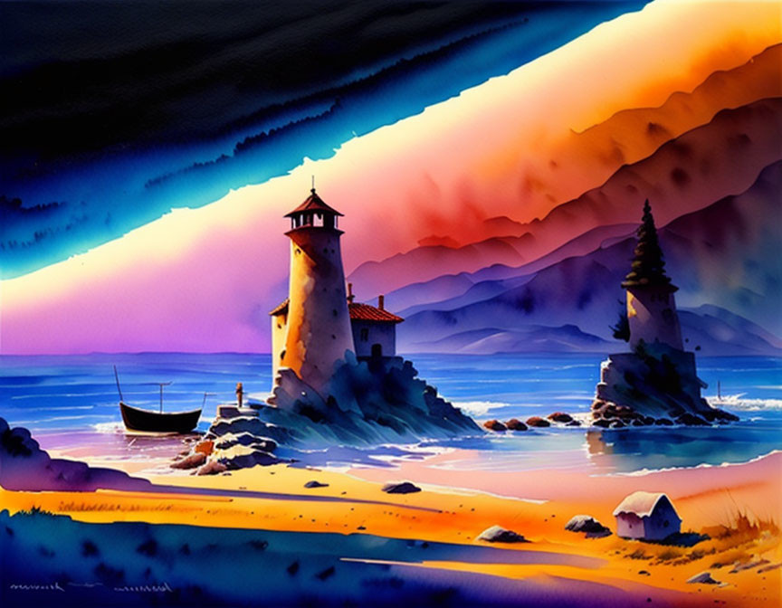 Colorful Coastal Sunset Painting with Lighthouse and Boat