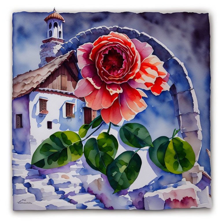 Colorful Watercolor Painting of Red Rose and White House