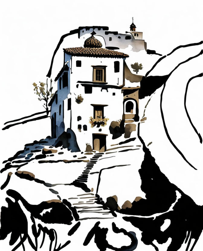 White Mediterranean-style building on rugged hill with steps and tree branch