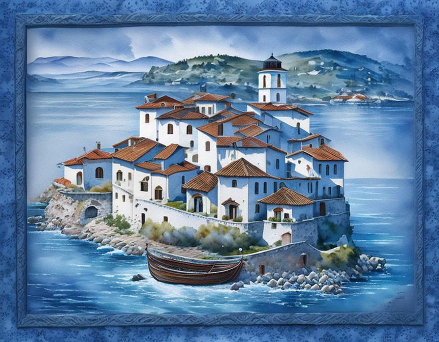 Scenic coastal village with white buildings, church, blue waters & wooden boat