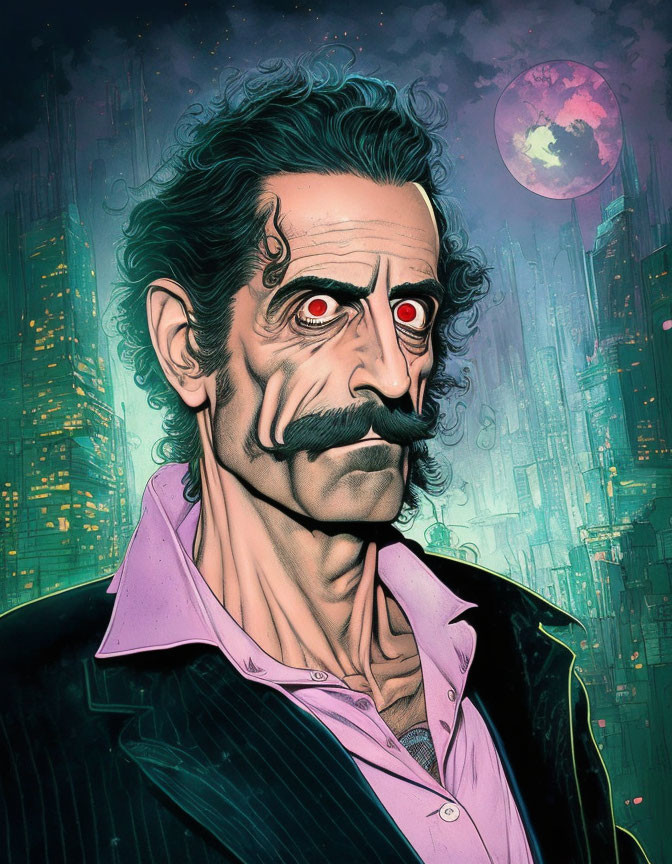 Stylized man with dark hair, red eyes, and mustache in futuristic cityscape with pink