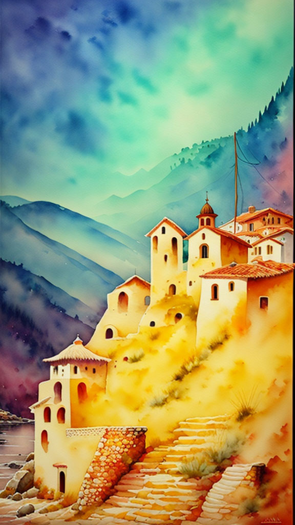 Colorful Watercolor Painting of Mediterranean Village Landscape