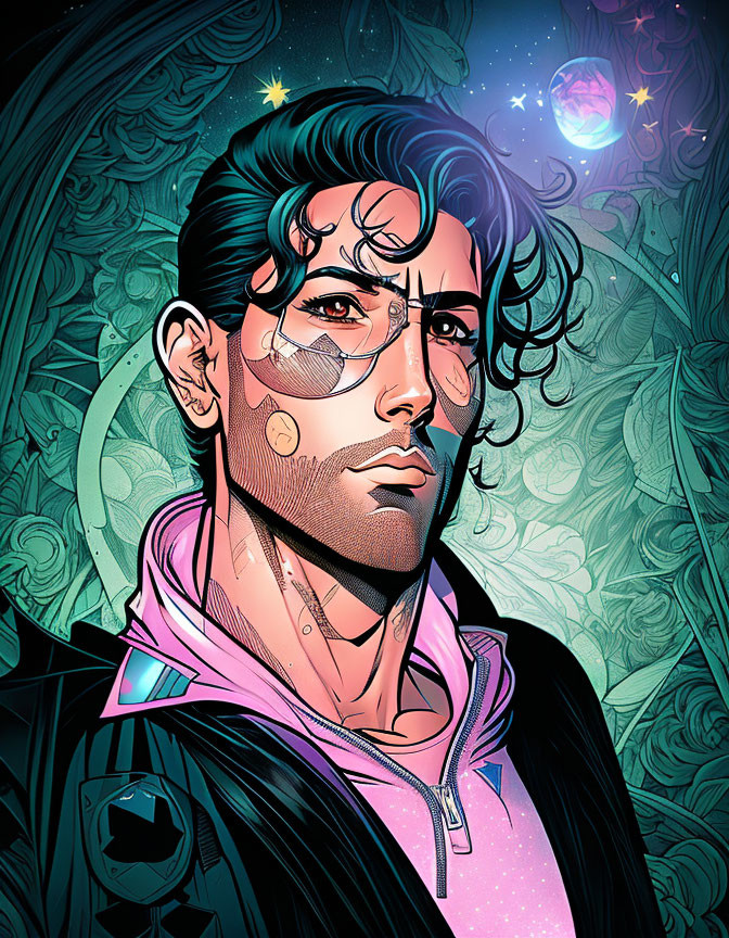 Man with Eye-Patch in Pink Jacket on Cosmic Background