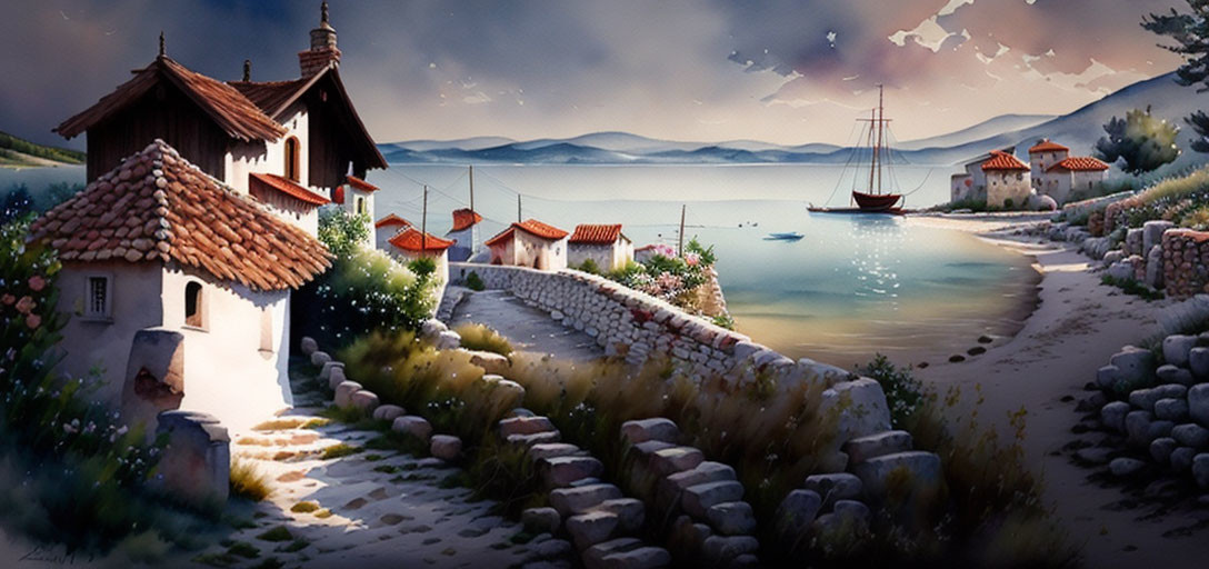 Seaside Village: Cobblestone Path, White Houses, Sailboat, Hills