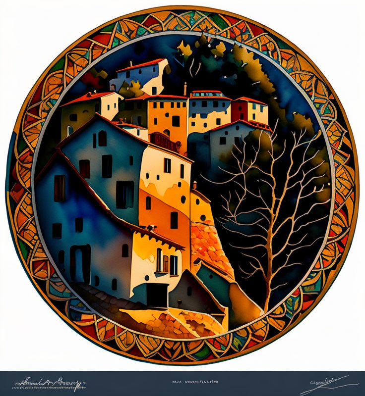 Circular Artwork: Stylized Houses on Hill with Decorative Border