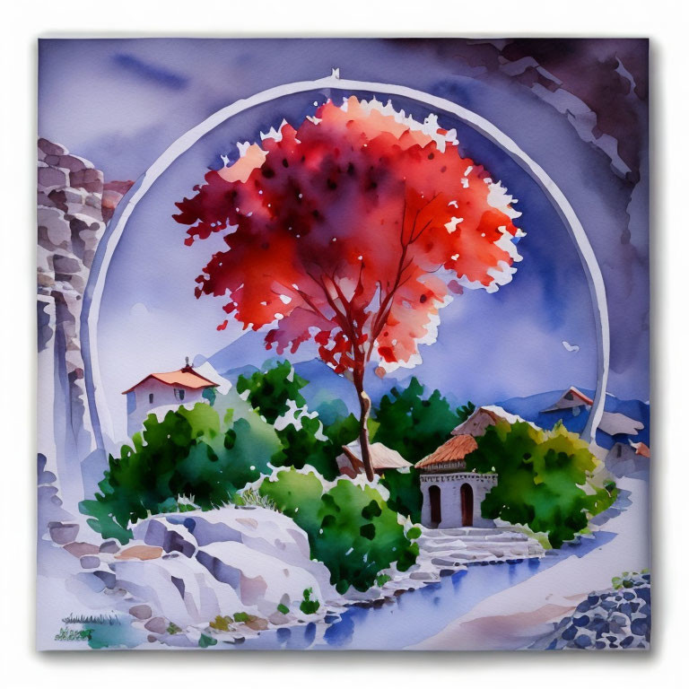 Colorful watercolor painting of landscape with red tree, river, mountains, and white circle