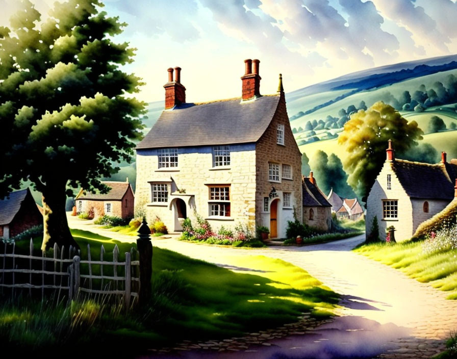 Quaint village scene with cobblestone path, stone cottages, greenery, and rolling hills