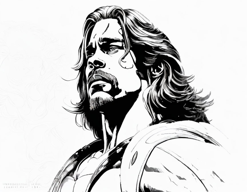 Monochrome drawing of male character with shoulder-length hair, beard, scar, and contemplative look