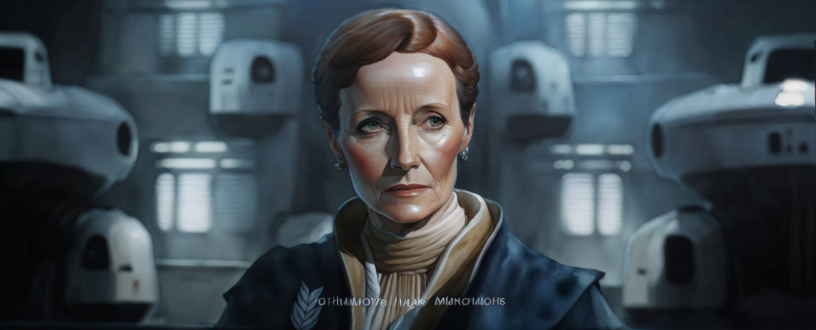 Futuristic digital artwork of a poised woman in high-collared outfit