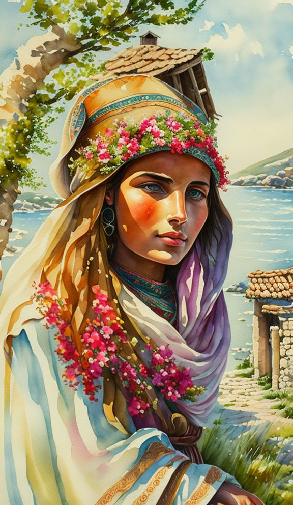 Vibrant painting of a woman with floral headgear in coastal village setting