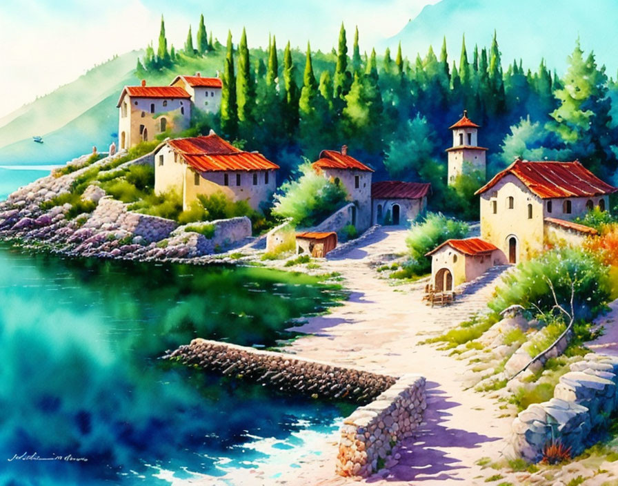 Serene lakeside village watercolor painting with cobblestone path