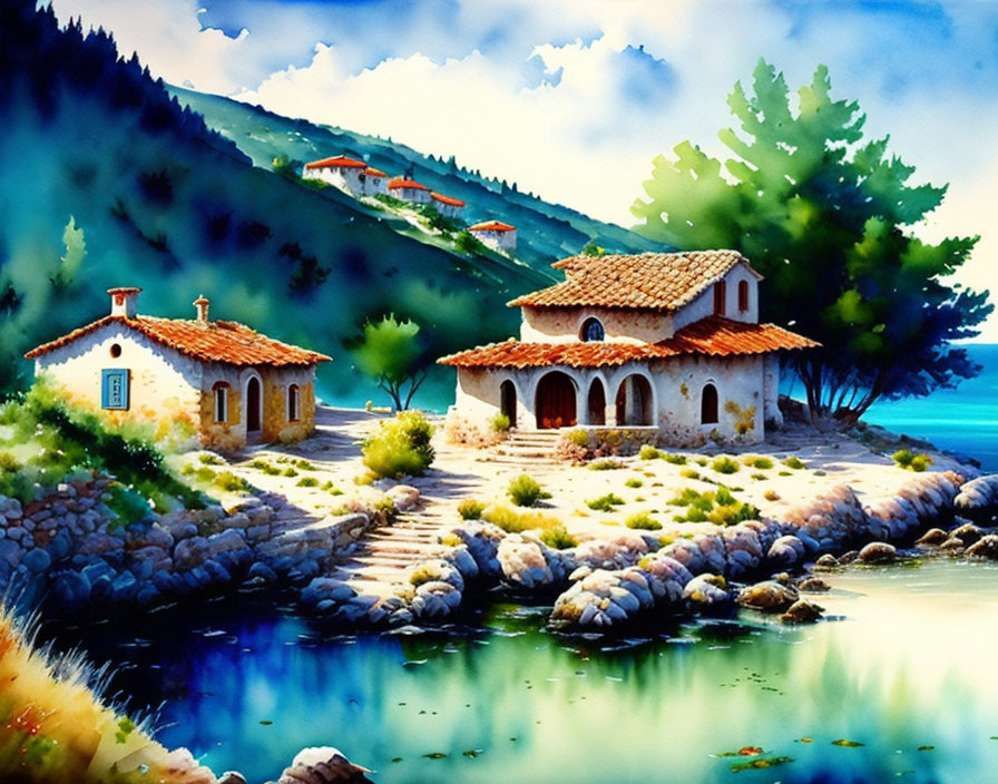 Serene Mediterranean landscape with stone houses in watercolor