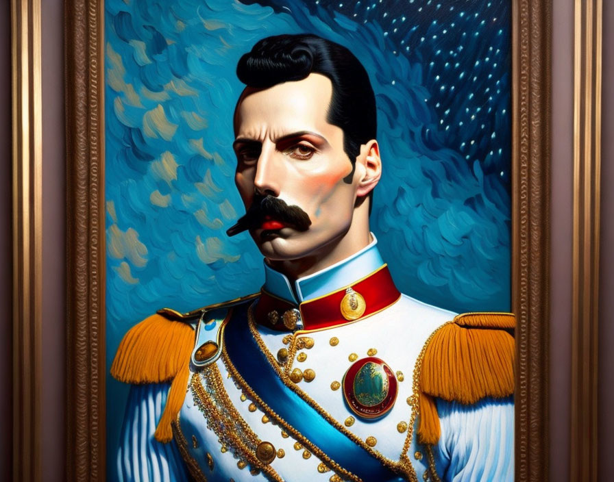 Stylized portrait of a man in military uniform with mustache and medals