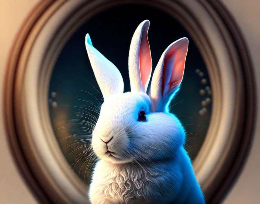 Detailed digital illustration: White rabbit with bright eyes in circular window