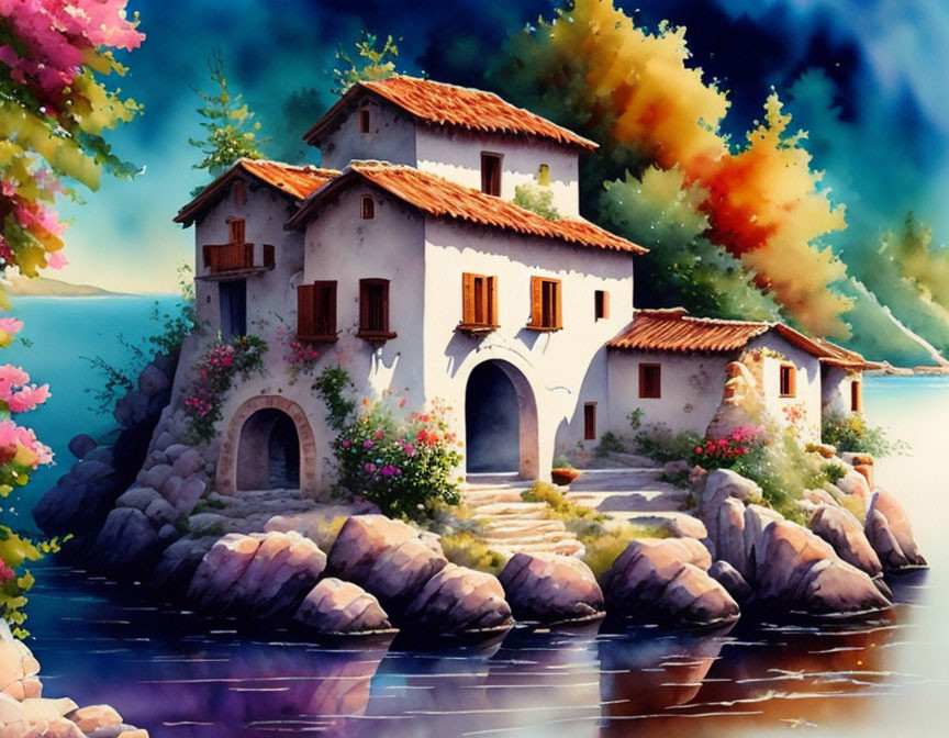 Tranquil lakeside villa with vibrant flowers in watercolor