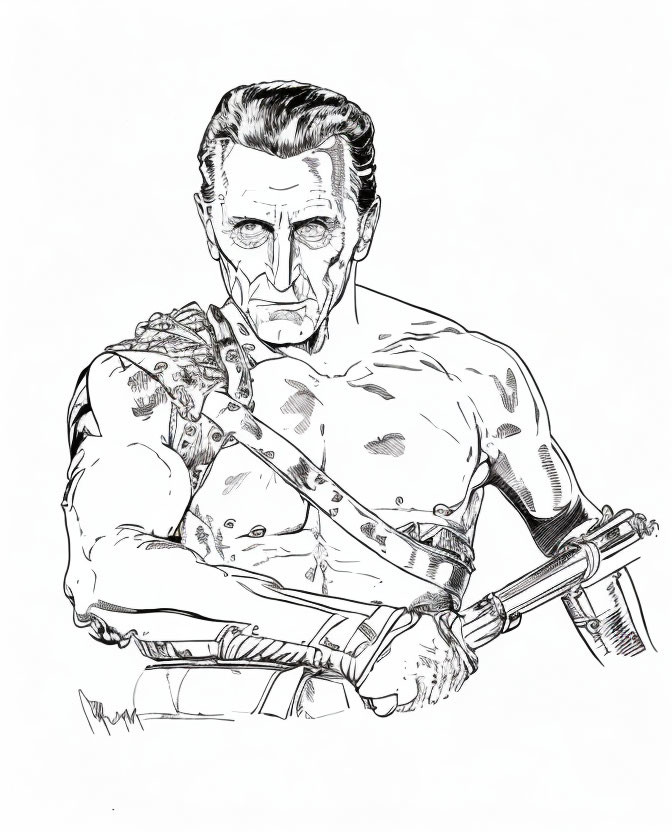 Muscular older man with stern expression, bandoliers, and sword hilt.