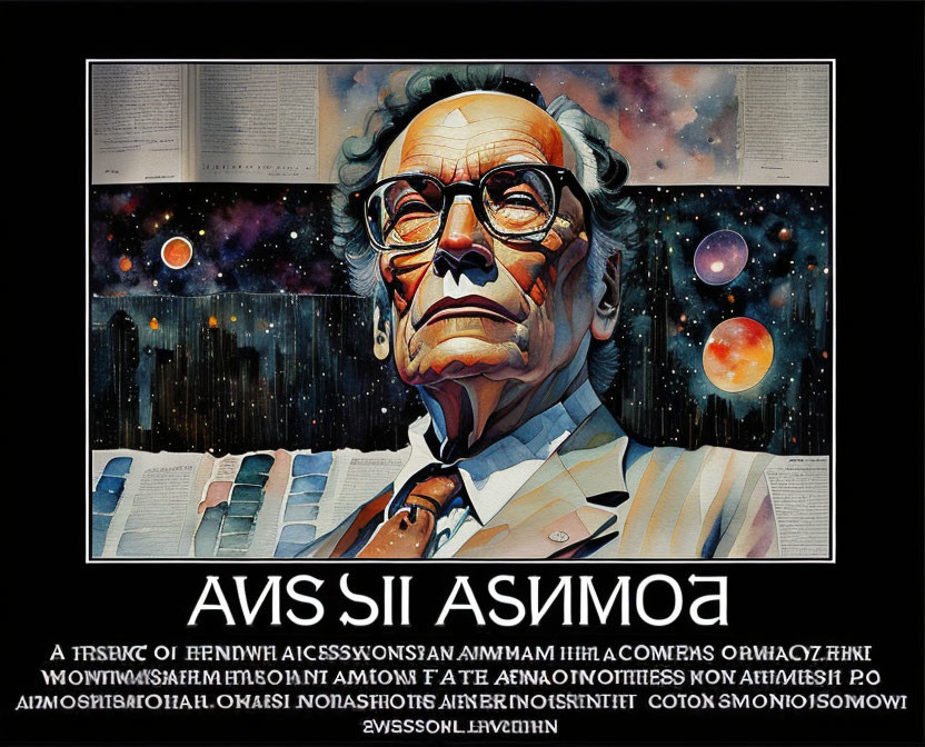 Elderly Man Illustration with Cosmic Background and Cyrillic Text