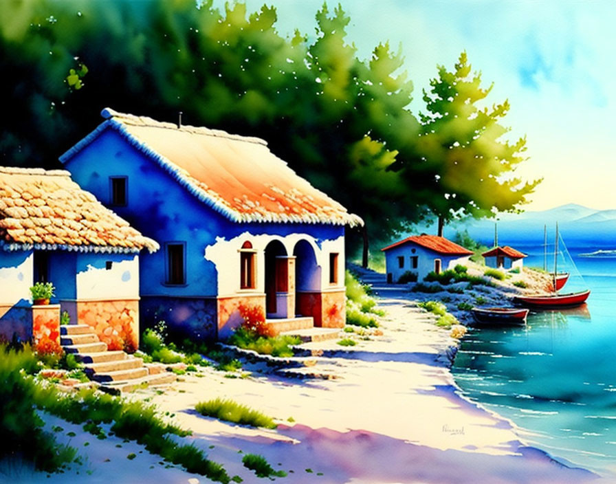 Serene coastal scene with houses, trees, boats, and blue sky