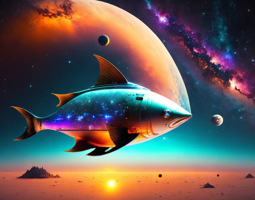 Surreal spaceship fish in vibrant space scenery