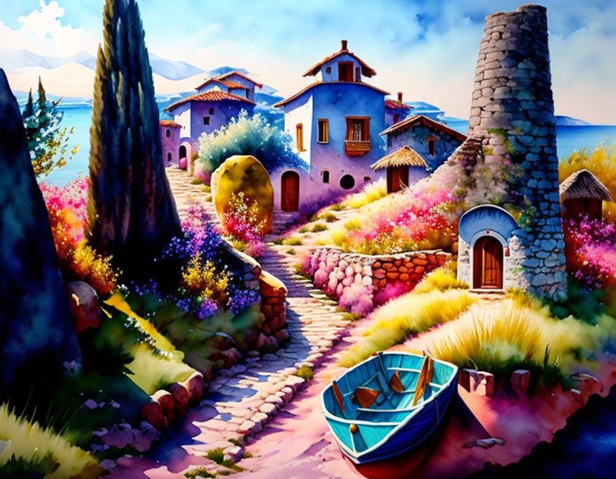 Colorful Watercolor Painting of Quaint Village by the Sea