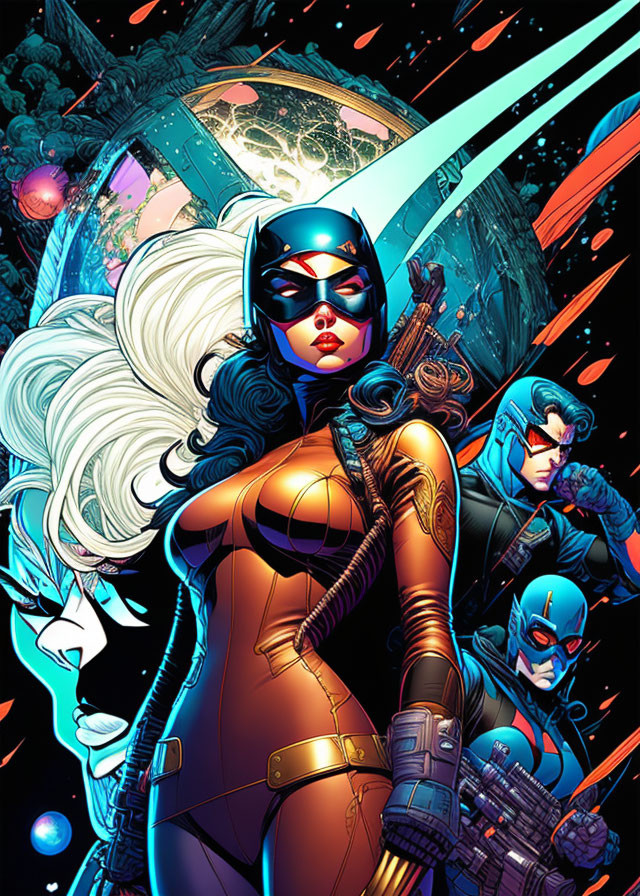 Comic book illustration: Superhero team with female lead and two male characters against cosmic backdrop