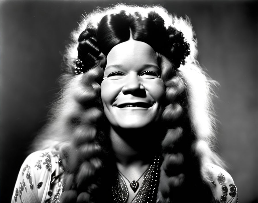 Monochrome portrait of person in fur hat and patterned outfit