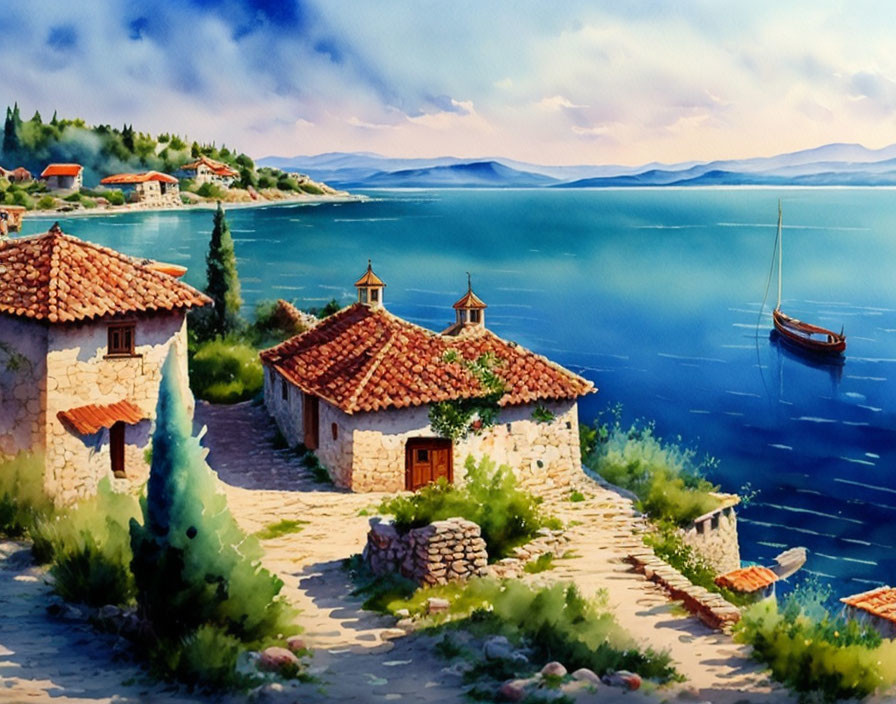 Seaside landscape painting: stone houses, red-tiled roofs, calm sea.