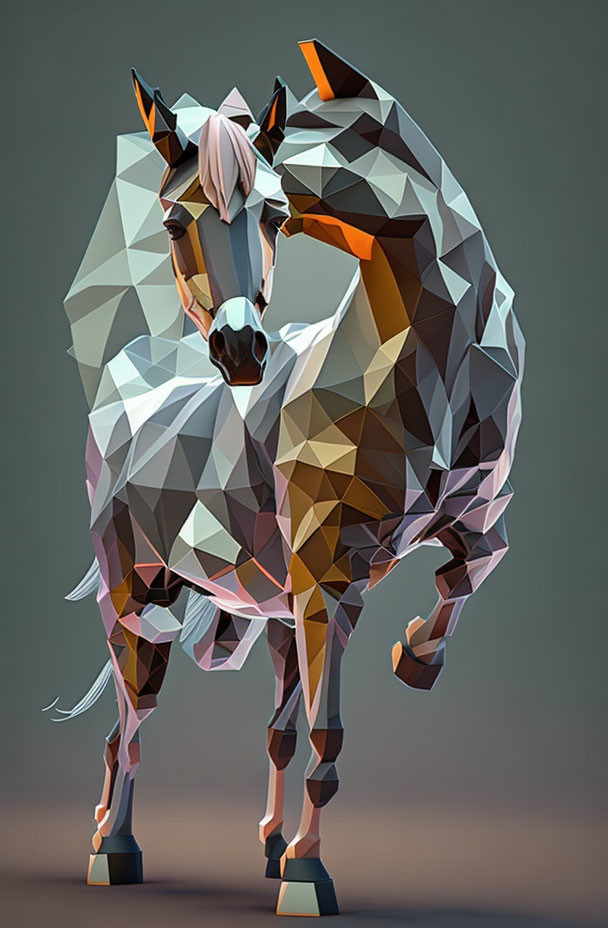 Geometric Digital Horse Sculpture in Brown, White, and Grey