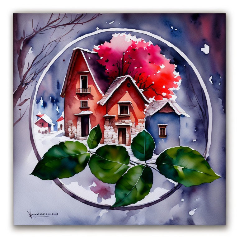 Snowy landscape watercolor painting with cozy houses and green leaves in circular vignette.