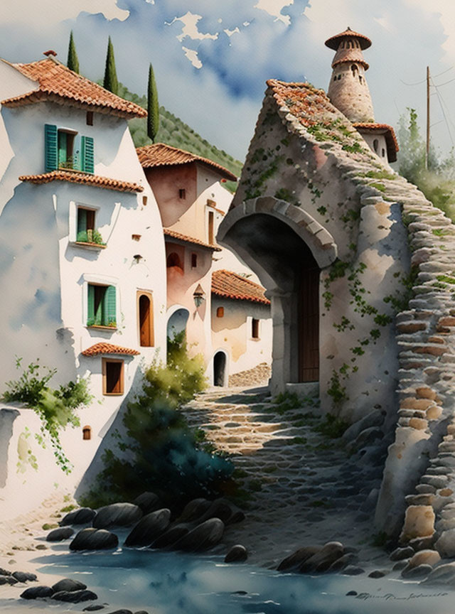 Tranquil village scene with white buildings and cobblestone path