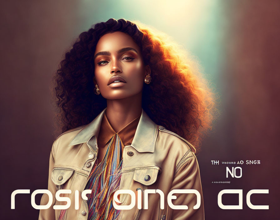 Digital artwork of woman with curly hair in jacket & "rosi gone" text.