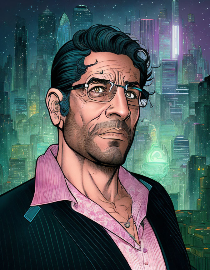 Man with dark hair, beard, glasses, suit in front of neon-lit futuristic cityscape