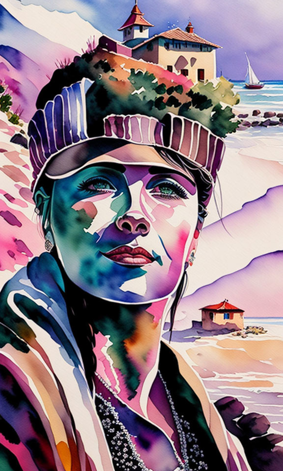 Vivid watercolor portrait blending seaside landscape.