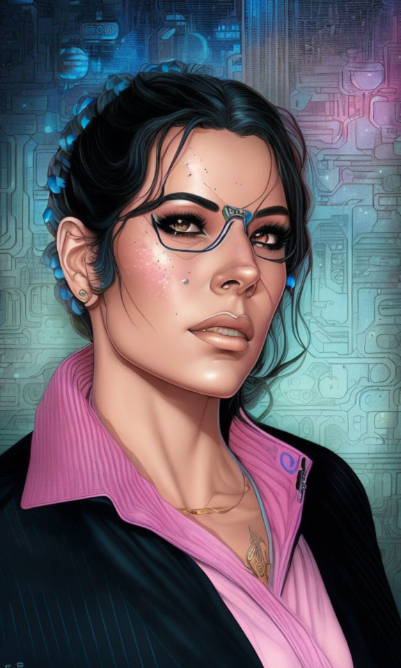 Woman with Edgy Makeup and Cybernetic Enhancements in Futuristic Setting