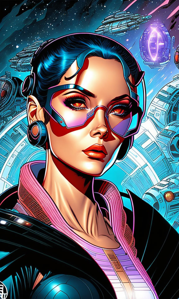 Blue-skinned female character with futuristic glasses and sleek hair in space-themed illustration