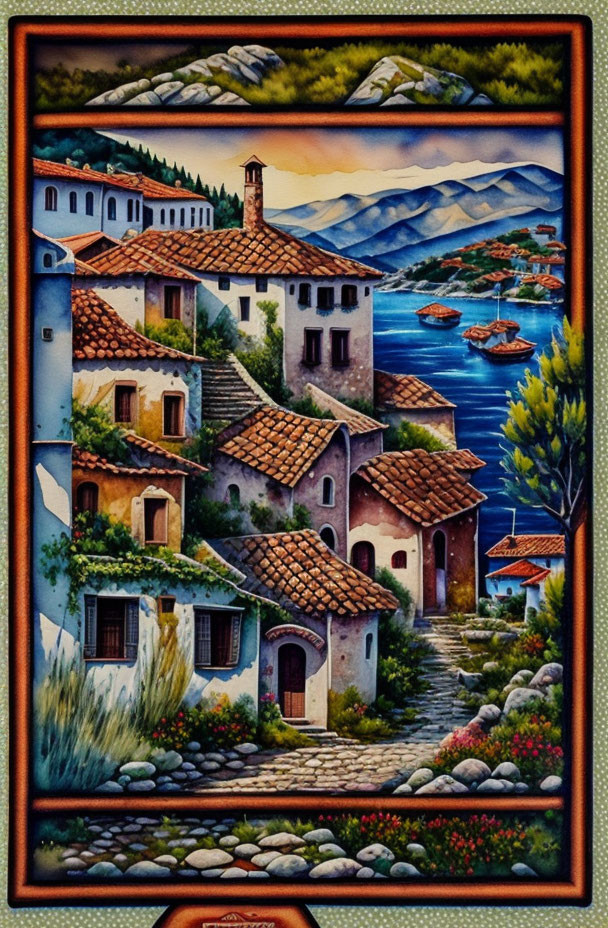 Colorful Mediterranean Village Painting with Terracotta-Roofed Houses and Serene Sea