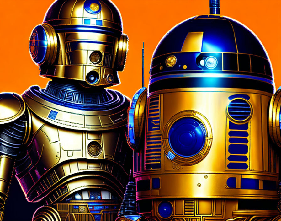 Iconic gold and blue sci-fi droids on orange background