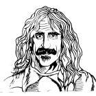 Detailed black and white male character illustration with long hair, moustache, and headband.