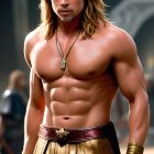 Bronze-toned muscular man in heroic pose with long hair and headband