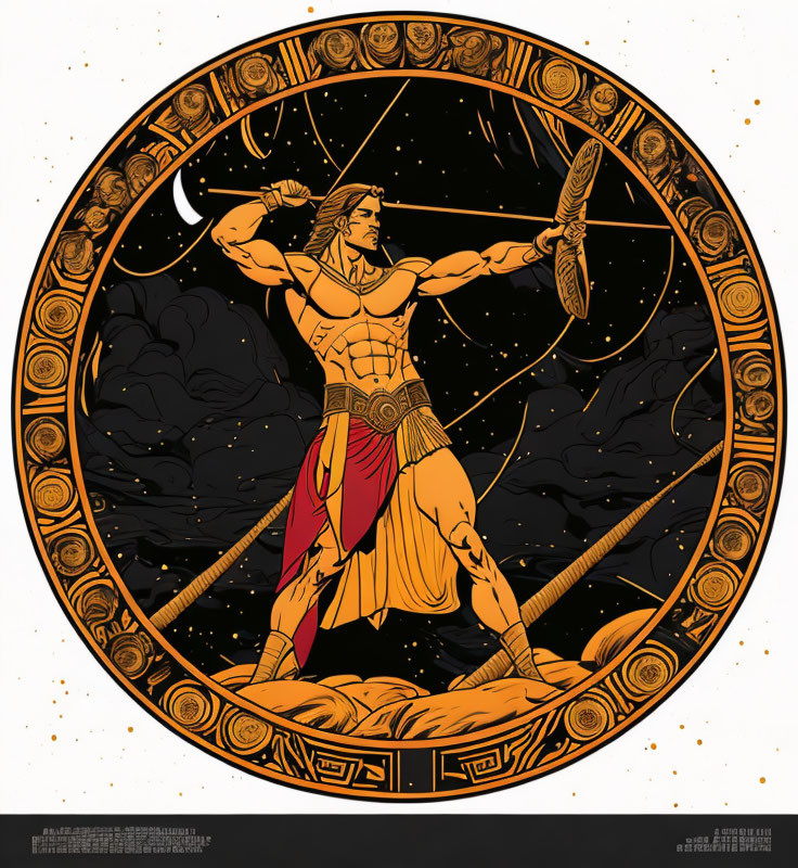 Muscular warrior with sword and shield in circular frame with cosmic elements