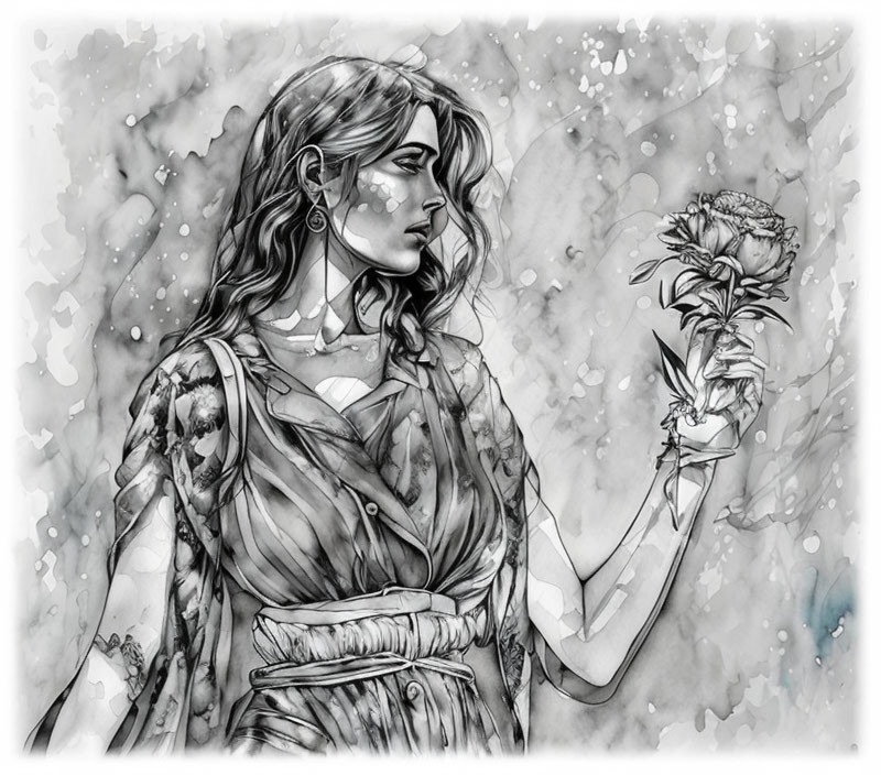 Monochrome illustration of woman with rose in detailed attire against abstract backdrop