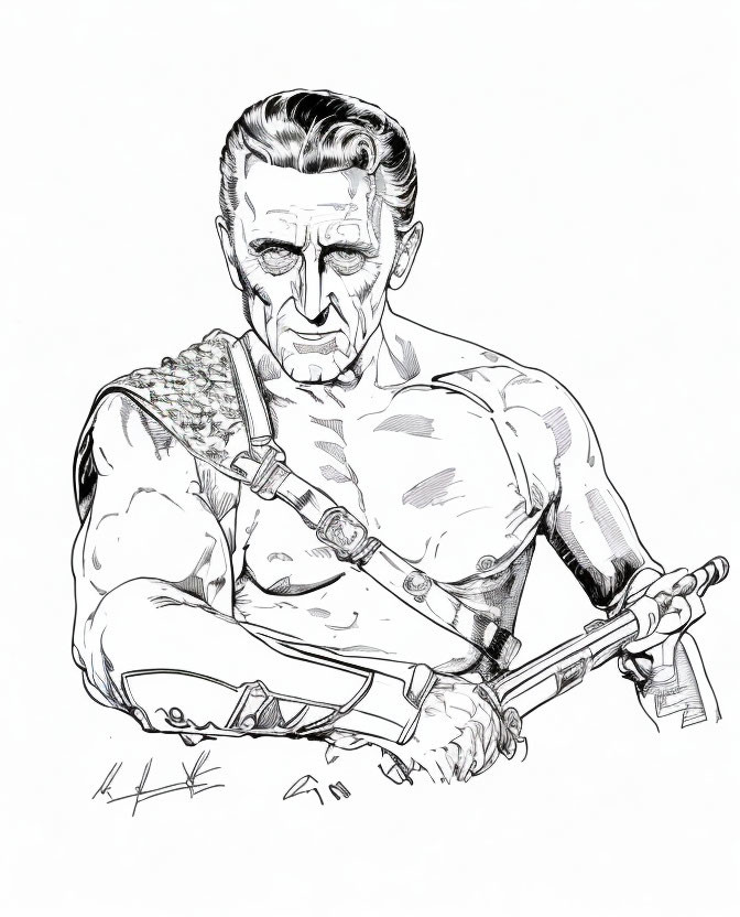 Monochrome drawing of stern older man with sword