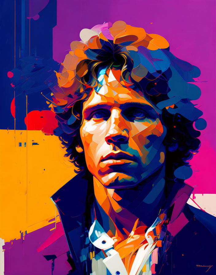 Vibrant portrait of a man with curly hair and intense gaze in blue, purple, and yellow