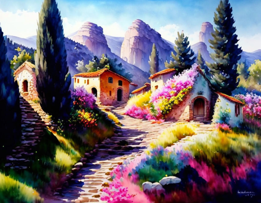 Scenic landscape watercolor painting with stone houses and cliffs