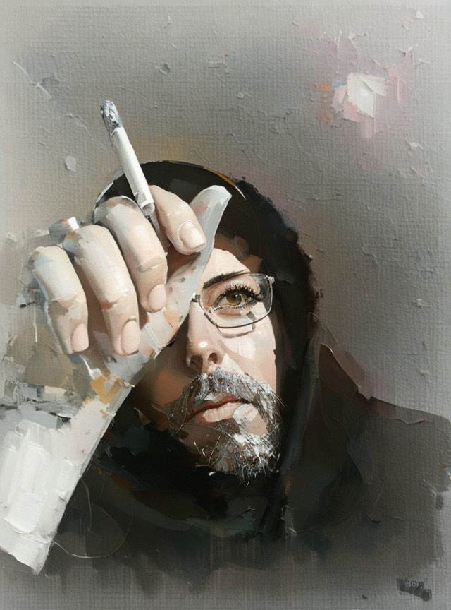 Hyper-realistic painting of bearded person blending paintbrush with eye