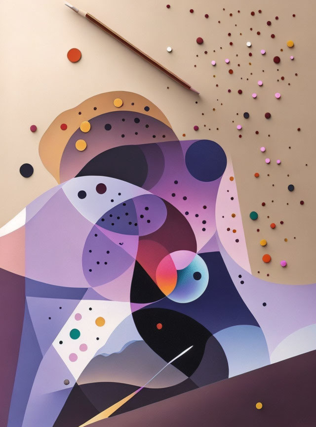 Abstract illustration: Layered geometric shapes in pastel colors with speckled dots and pencil