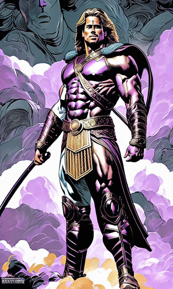 Muscular superhero with long hair, cape, breastplate, and hammer.