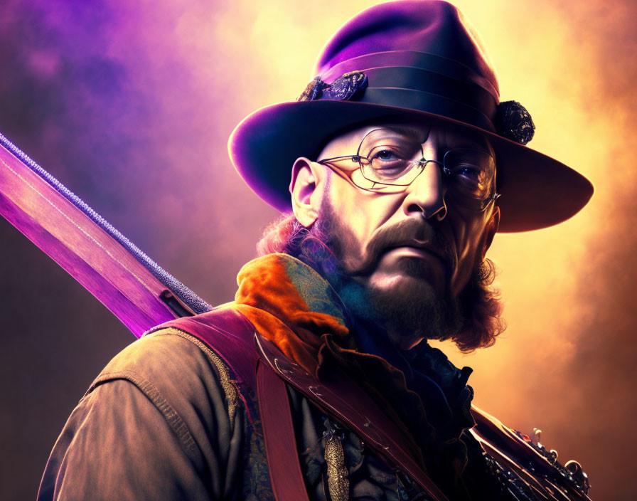 Man with Goatee and Glasses in Fedora and Leather Coat Holding Rifle on Dramatic Purple and Orange Background