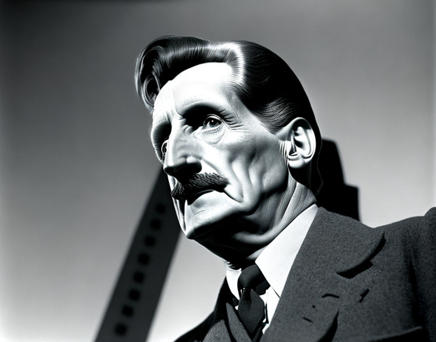 Monochromatic stylized man with mustache and slicked-back hair against geometric background